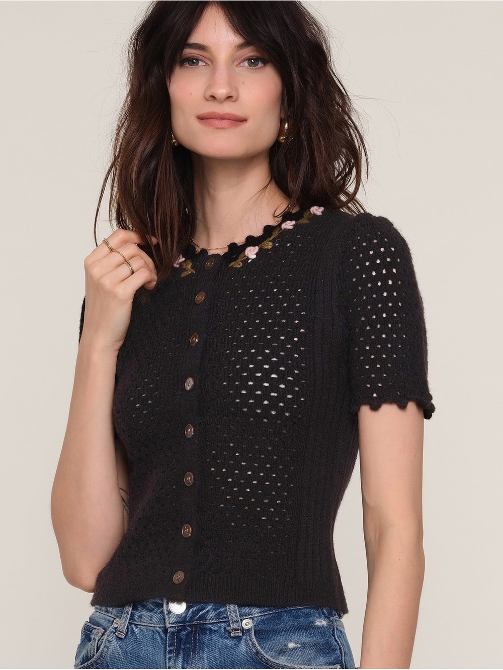 Heartloom Black Short-Sleeve Knit Button-Up with Floral Neck Trim